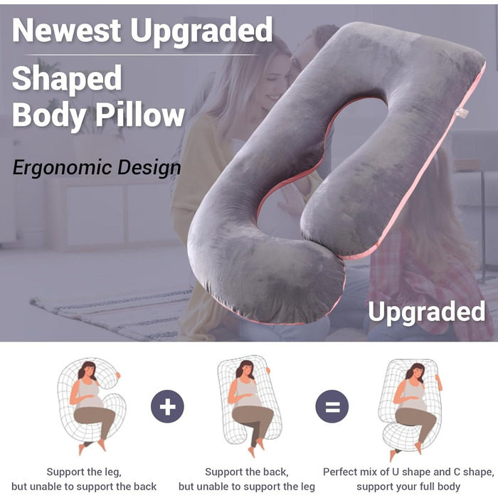 Подушка для вагітних BBWELL U-подібної форми, 80x120x180 см, сіро-рожева
