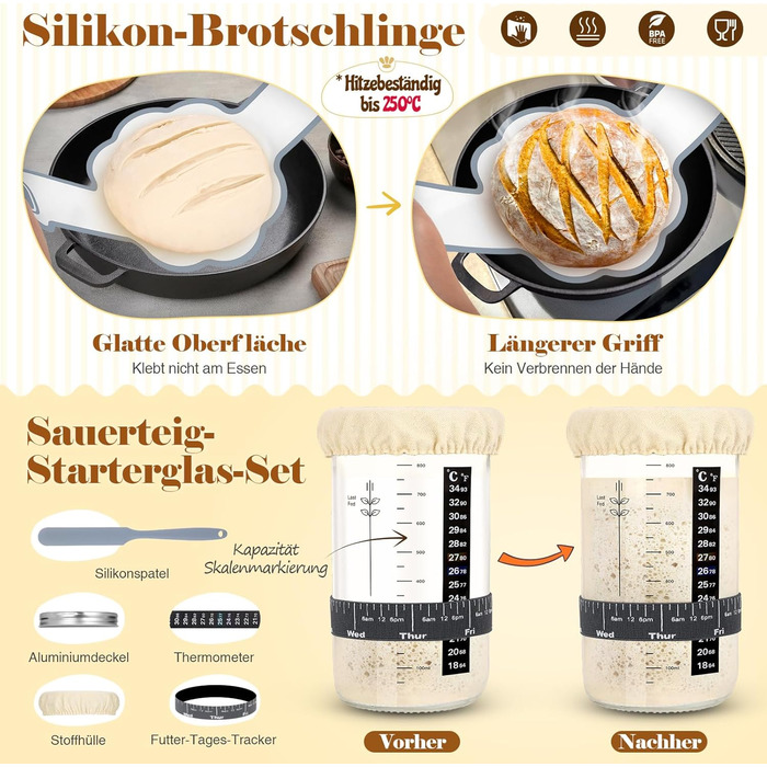 Набір для закваски та випікання хліба: 2 корзини (25см та 23см), скляна тара для закваски, для початківців та професіоналів, сірий