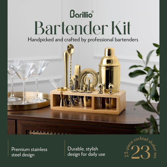 Набір шейкерів Barillio Elite для коктейлів, 23 шт., нержавіюча сталь, бамбуковий підставник, чорний, з мішечком з оксамиту та рецептами