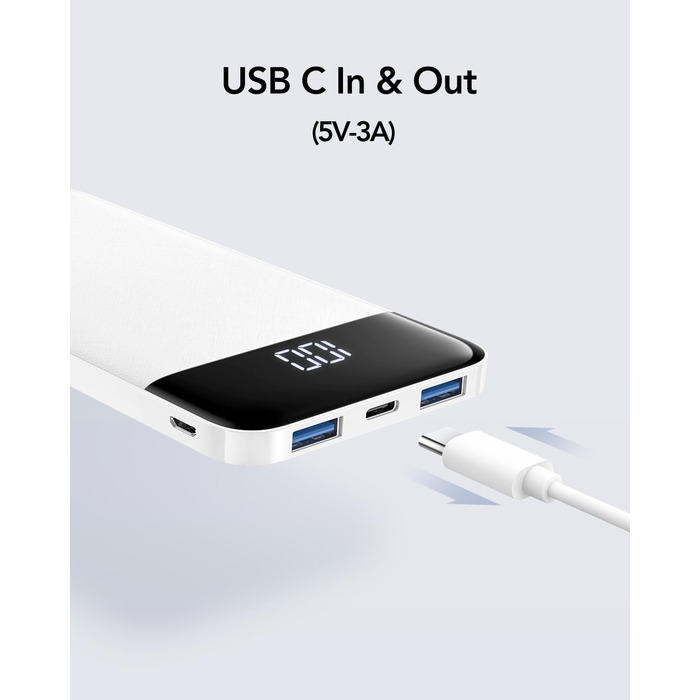 Дисплей, сумісний з iPhone, iPad, Samsung, Huawei (білий), 10400mAh USB C, 5V 3A, LED-