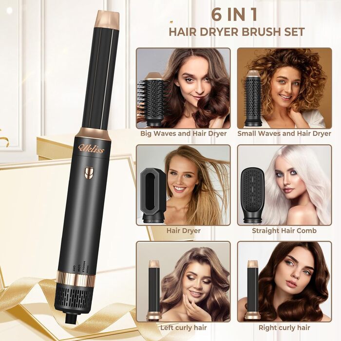 В 1, Hairstyler Hair Styler Набір щіток з теплим повітрям, Щітки для укладання Airstyler з автоматичною плойкою, масажна щітка з теплим повітрям, щітка для масажу з гарячим повітрям, щітка для випрямлення волосся (чорне золото), 6