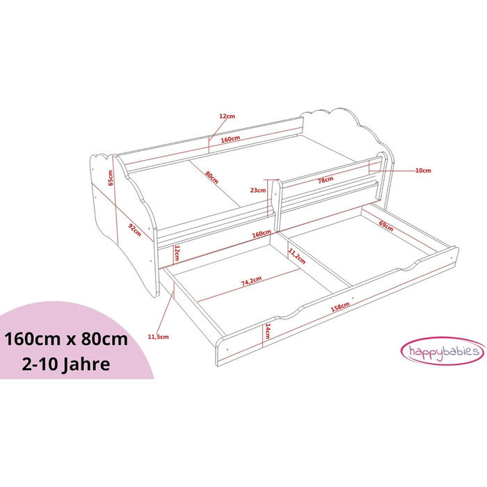 Дитяче ліжко Happy Babies MOBI 160 x 80 Ліжко для дитячої кімнати з матрацом 80x160 Молодіжне ліжко із захистом від падіння та зберіганням для дівчаток (M13)