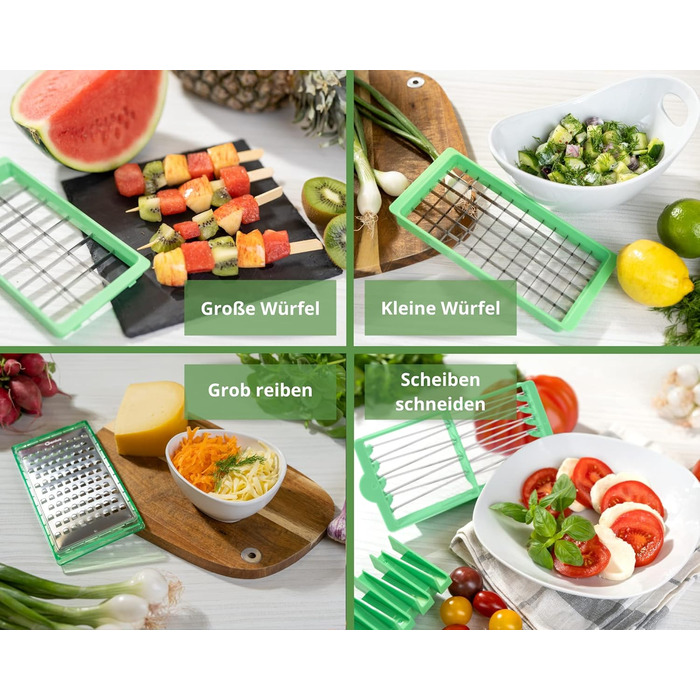 Набір для нарізки овочів Genius Nicer Dicer Exclusive 15 елементів, набір для нарізки кубиками + набір для нарізки помідорів, 4 насадки + груба тертка та шинковка, контейнер 2500 мл, зелений
