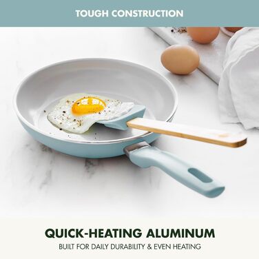 GreenPan Dover Сковорода з лопаткою, антипригарне покриття Ceramic, нетоксична, без PFAS, для яєць та омлетів, безпечна для миття в посудомийній машині та духовці, холодна ручка, легке виливання, блакитний дим, діаметр 20 см