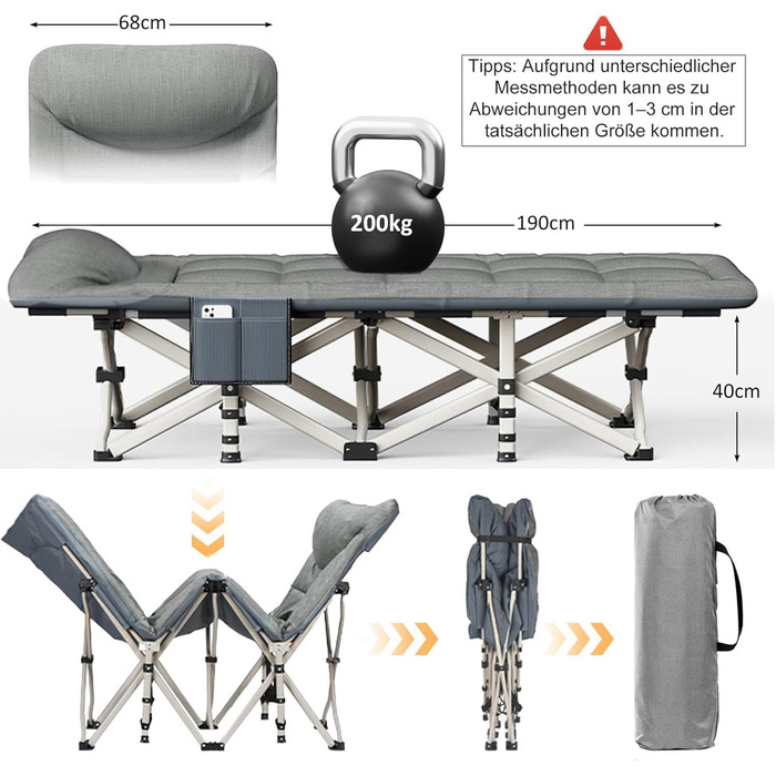 Розкладне кемпінгове ліжко CALIYO, польове ліжко для гостей до 200 кг, 190 x 68 x 40 см, з сумкою для зберігання, світло-сіре