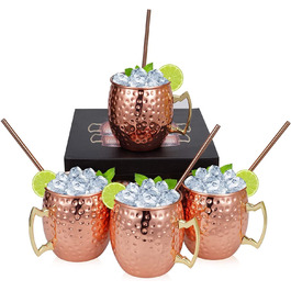 Набір Wylnsie з 4 кованих мідних чашок Moscow Mule для охолоджених коктейльних напоїв, мідна кружка ручної роботи з 4 чайними ложками