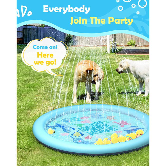 Басейн для собак Peteast для великих і маленьких собак і дітей 59 складна спринклерна площадка для бризок, протиковзкі іграшки для води для собак товщиною 0,58 мм, екологічно чисті міцні (67 дюймів, морська тематика)