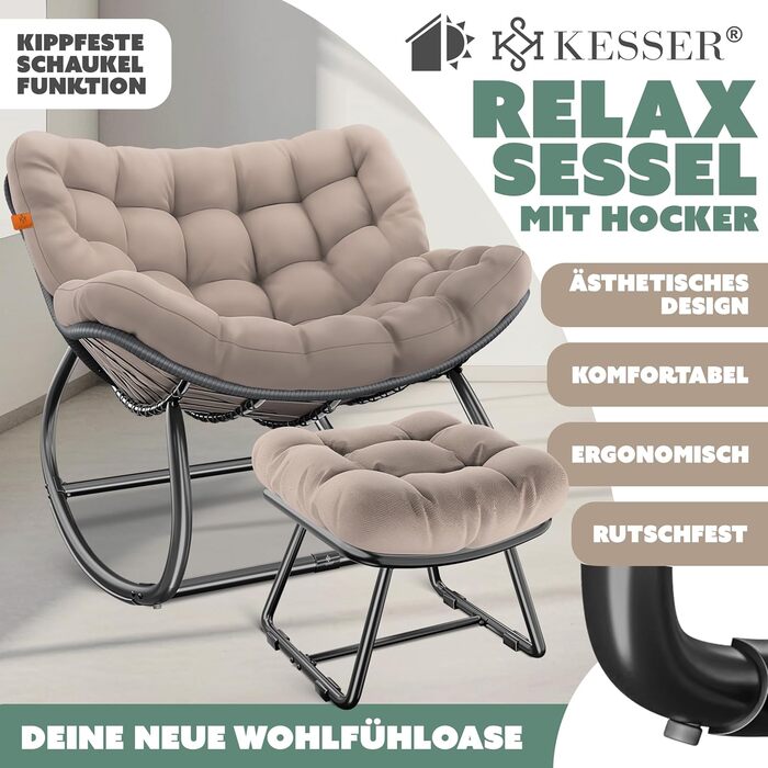 Крісло-гойдалка KESSER® для дому та вулиці, ергономічне | Макс. навантаження 120 кг, стійкі ніжки, стійке до погодних умов (XXL Chillexer Pro, Бежевий)