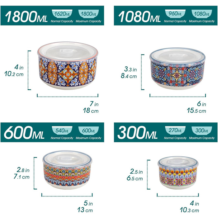 Набір супових та салатних мисок Vancasso (4 шт.) з кришкою, кераміка, 300/600/1080/1800 мл. Ідеально для обіду, пікніка та кухні.