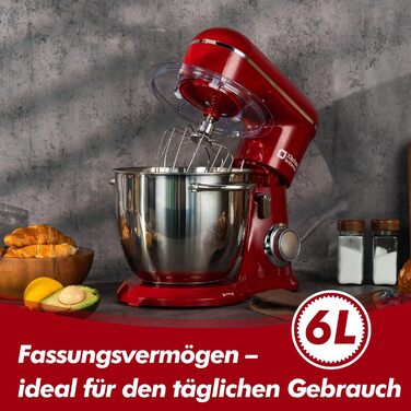 Кухонна машина Kitchen in the box 6L з 2 чашами по 3.5L, 10 швидкостей, з гаками для тіста, вінчиками та вінчиком для збивання (червона)