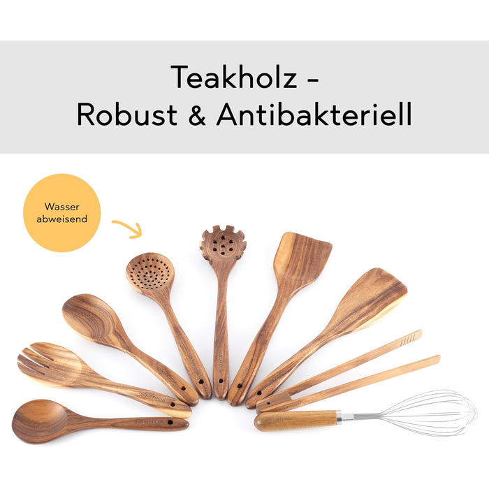 Набір кухонних помічників з дерева (9 предметів): щипці для гриля, вінчик, лопатка, ложка, шумовка. Матеріал: теак.
