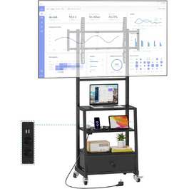 Підставка для телевізора на колесах з ящиком, чорна, 140 см. Підходить для телевізорів 32-75 дюймів