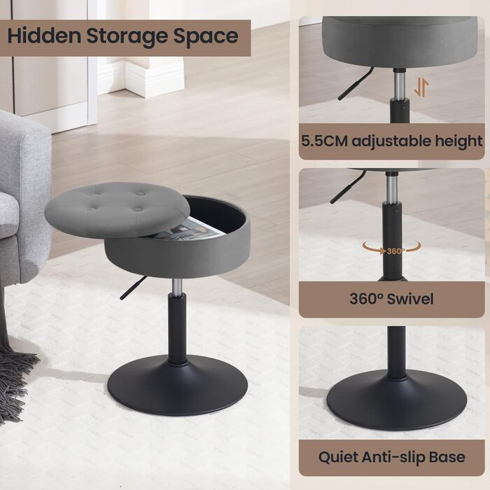 Крісло для туалетного столика WOLTU BH329sz-1, пуф з місцем для зберігання, регульована висота, обертається на 360°, сірий велюр