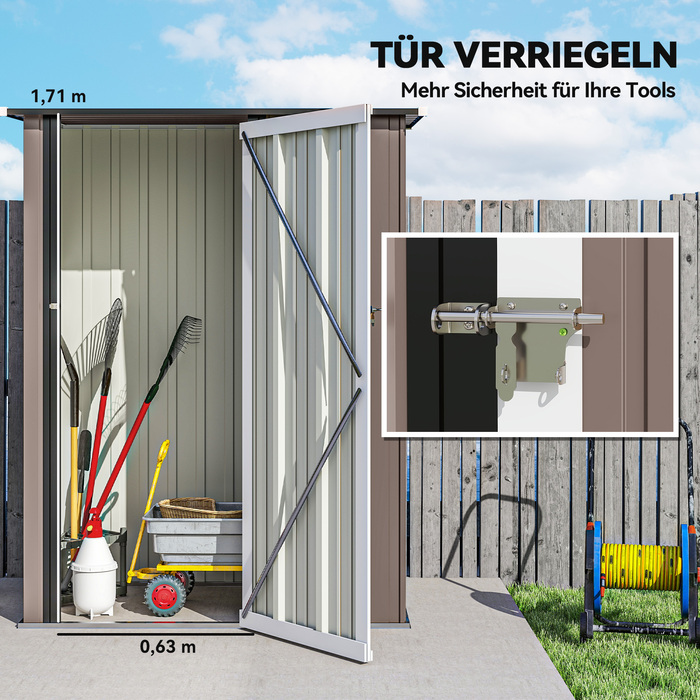 Сарай для інструментів 1,07 м² з похилим дахом, 142 x 84 x 189 см, з замком, для саду, сталевий, коричневий