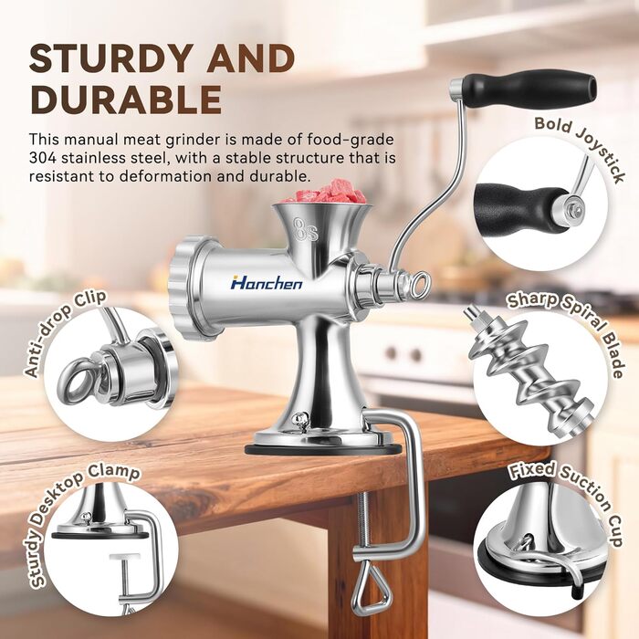 М'ясорубка ручна Hanchen з нержавіючої сталі з присоскою, насадкою для ковбас та 2 дисками, посудомийна, для м'яса та овочів