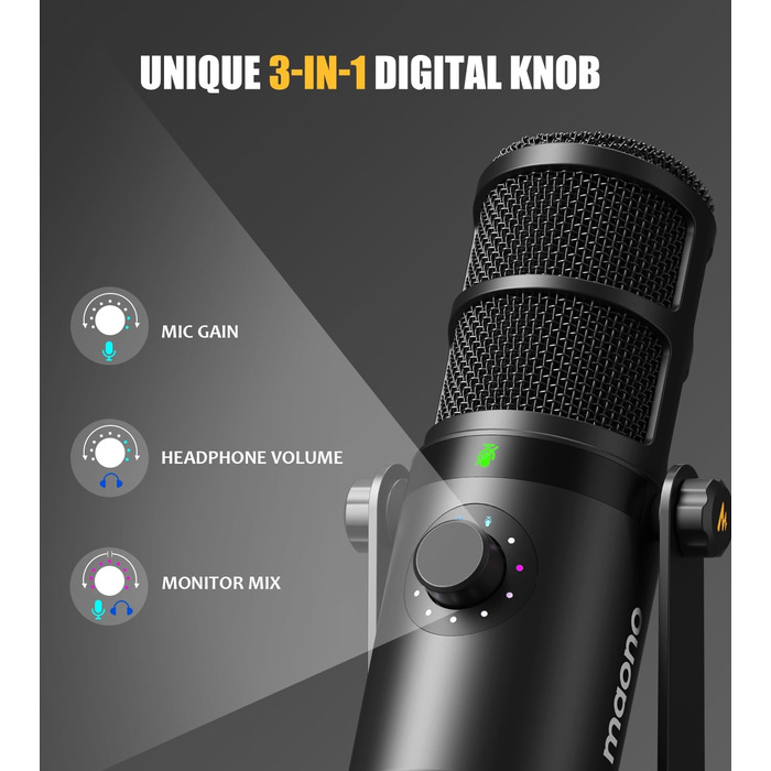 Динамічний мікрофон MAONO PD400X USB/XLR для подкастів, студії, стрімінгу, з регуляторами гучності, еквалайзером, функцією Tap-to-Mute та професійним софтом