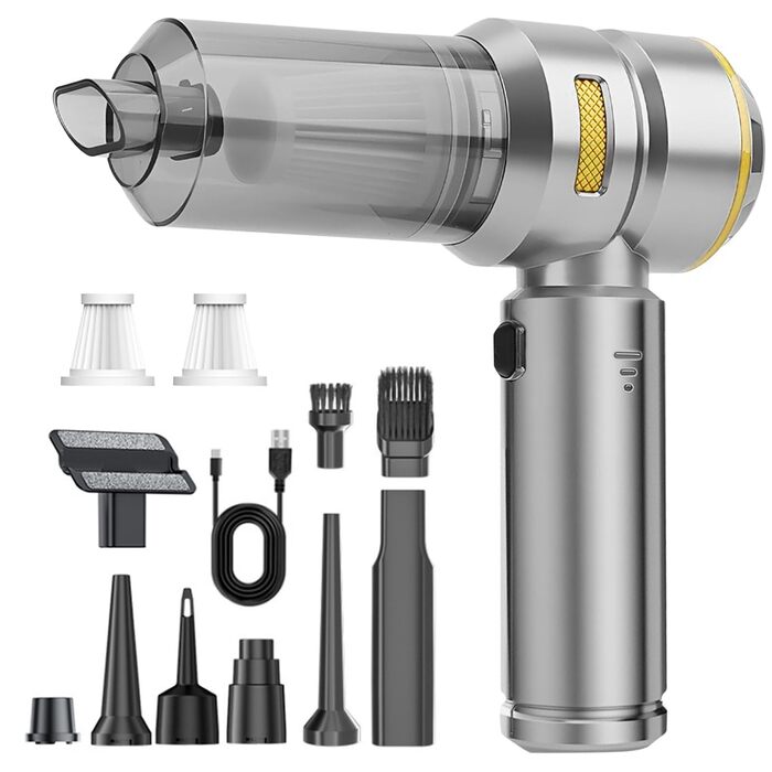 Акумуляторний ручний пилосос 4 в 1 для авто та дому, бездротовий міні-пилосос 22000Па з безщіточковим двигуном, 6000 mAh, електричний обдуватель для прибирання шерсті та пилу (Сріблясто-золотий)