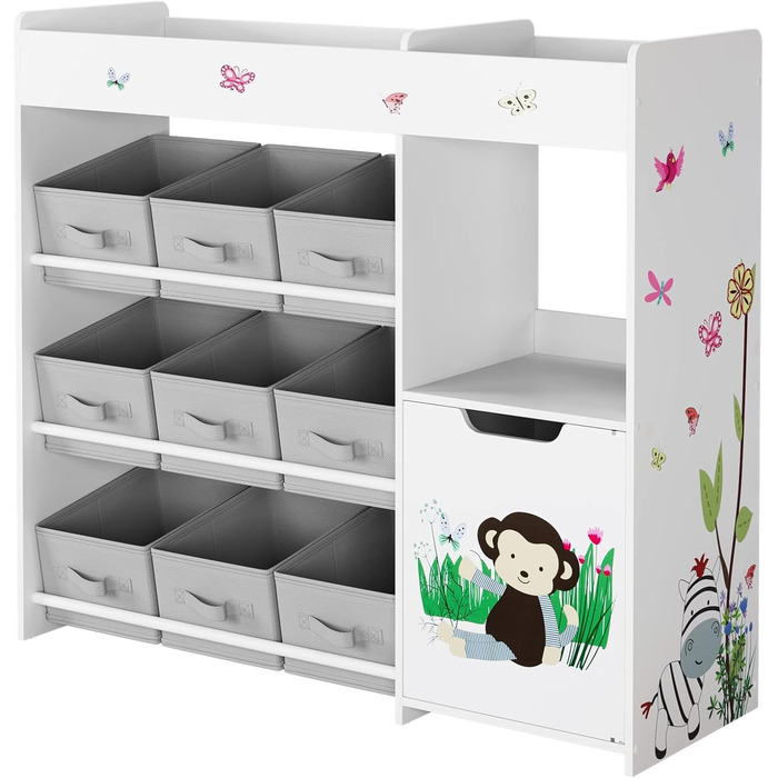Дитяча полиця для іграшок HOCSOK з 9 ящиками, органайзер для іграшок, великий об'єм зберігання, книжкова полиця для дитячої кімнати, дерево, білий, 90 x 80 x 29,5 см