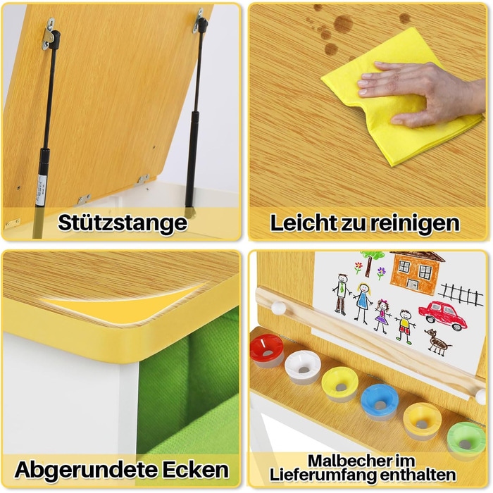 Дитячий стіл Kinder-Kunsttisch Set з 2 стільцями - дерев'яний набір для творчості для малюків з регульованою стільницею, відрами для пігментів та 8 тканинними ящиками для зберігання (Натуральний)