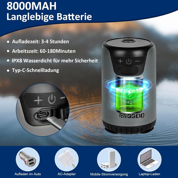 Портативна кемпінгова душ з акумулятором 8000mAh, з насосом та індикатором температури. Мобільний душ для відпочинку на природі, саду, пляжу, миття авто та подорожей.