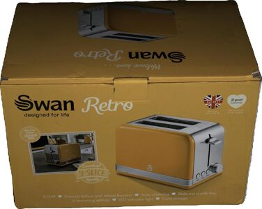 Тостер Swan Retro ST19010, 2-слотовий, широкий, 815 Вт, 6 режимів, нержавіюча сталь, жовтий, ретро-дизайн, розморожування, підігрів, скасування