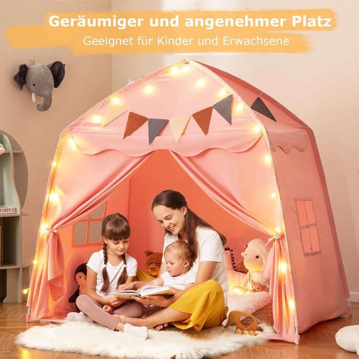 Дитяче намет-ліжко Dreamade 2-в-1 з гірляндою та прапорами, рожевий. Ігровий намет для дітей від 3 років, ігровий будиночок для дитячої кімнати