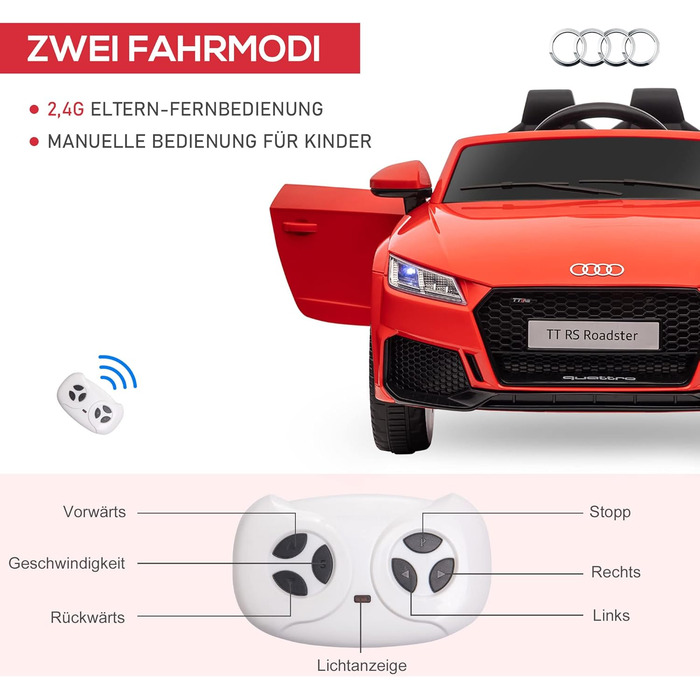 Дитячий електромобіль HOMCOM 12V, з пультом, музикою, USB/MP3, LED, для дітей 3-5 років, червоний