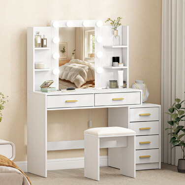 Туалетний столик з підсвічуваним дзеркалом та м'яким пуфом, туалетний столик з 6 висувними ящиками та полицями, білий