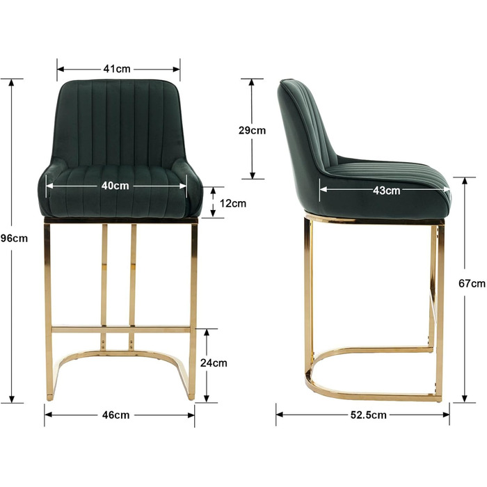 Набір з 2 барних стільців з велюру з золотистими ніжками, з підлокітниками та спинкою для кухонного острова/домашнього бару (зелений)