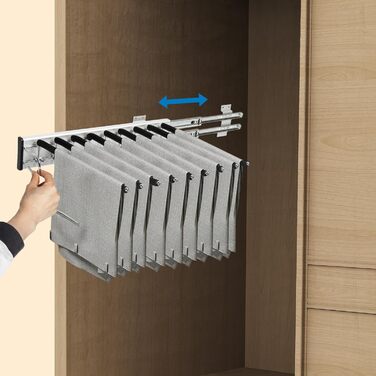 Висувний тримач для штанів, полиця для штанів, 9 тримачів для шарфів, висувна вішалка для штанів, одягу, краваток, шарфів, глибина шафи 48 см, лівостороннє кріплення