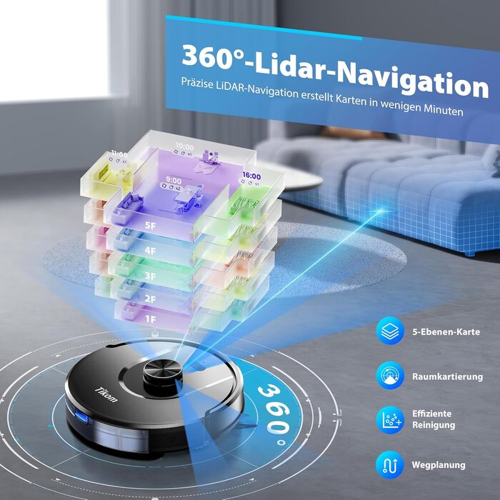 Робот-пилосос з функцією миття Tikom L8000 Pro, 6000Pa, LiDAR, 150 хв, APP, 14 зон, для тварин, килимів та твердих підлог, чорний