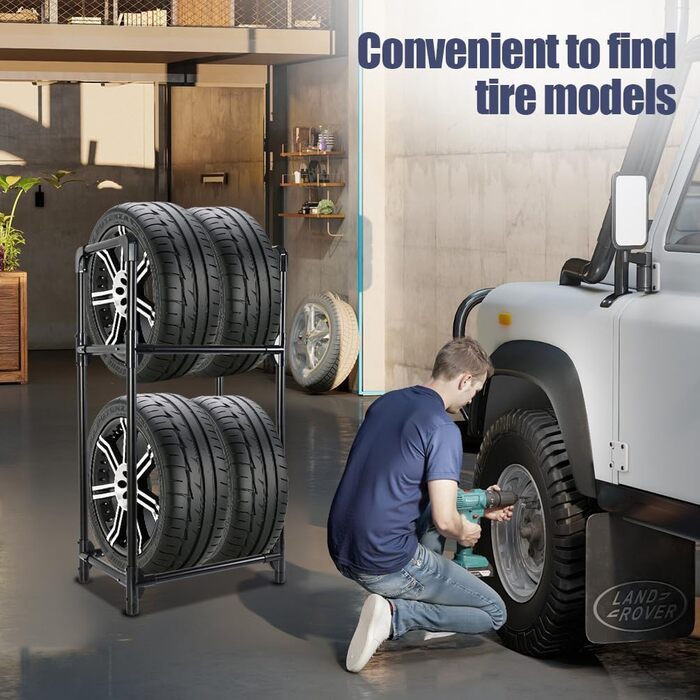 Стійка для шин BAOYOUNI на 4 шини/диски, 2 яруси, чорна. Міцна, економна, для гаража, підвалу, майстерні. 57,2 x 37,3 x 114,6 см