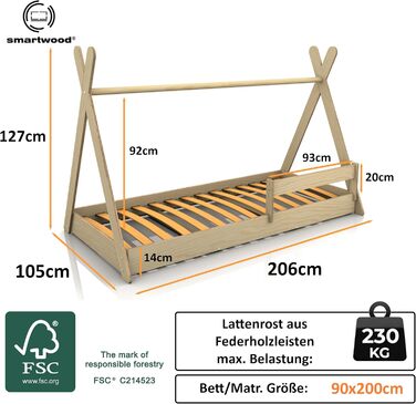 Дерев'яне ліжко-дитячий будиночок Smartwood 90x200 - Монтессорі Tipi F з сосни з сертифікатом FSC, захист від падіння та ламелі до 230 кг для хлопчиків та дівчаток, проста збірка, ліжко на підлозі