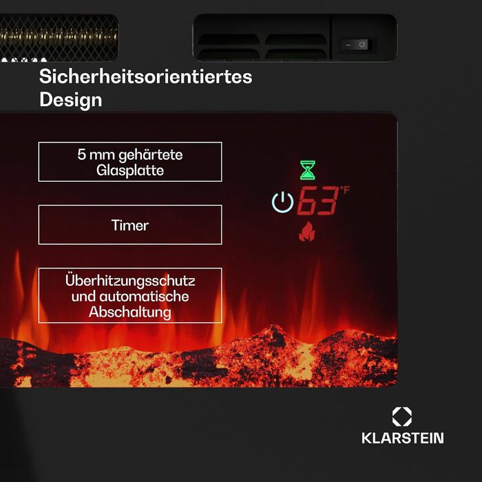 Електрокамін Klarstein Galeras Smart 1800 Вт, LED-полум'я, з додатком та пультом, регульовані кольори й яскравість, захист від перегріву, настінний, чорний, 102x47x13 см