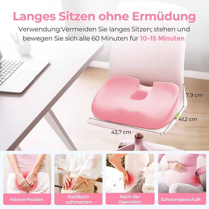 Ортопедична подушка для сидіння AUVON: комфорт при геморої, для офісу, авто, інвалідного візка. Зняття болю при ішіасі та вагітності (рожева)
