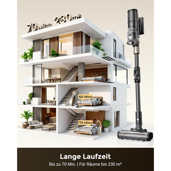 Proscenic P20: Акумуляторний пилосос 2-в-1 з функцією вологого прибирання, 70 кПа, 70 хв, 680 Вт, чорний. Для килимів та шерсті тварин