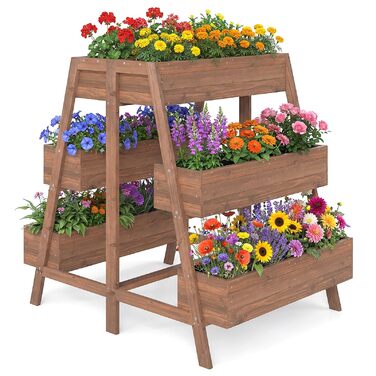 Вертикальна грядка COSTWAY з 3 ярусами, 6 контейнерами для квітів, дерев'яний ящик для рослин на терасу, балкон, сад - коричневий, 126x90x115 см