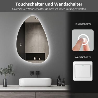 Асиметричне дзеркало для ванної кімнати Boromal з підсвічуванням 80x80 см, LED, сенсорний вимикач, 3 кольори, регулювання яскравості