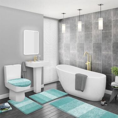 Набір килимків для ванної кімнати Bsmathom, 4 шт., з кришкою для унітазу, м'які, вбираючі, нековзні, машинне прання, килимок з U-подібною контуром, коврик для унітазу, помаранчевий/блакитно-зелений (Відтінок раю)