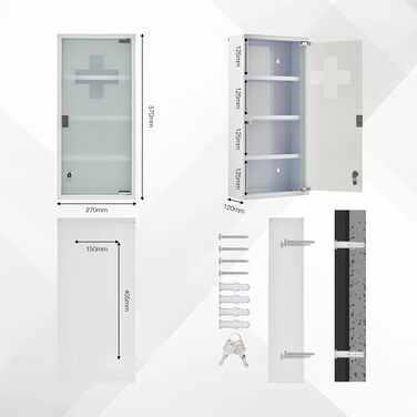 Медичний шкаф Zedelmaier з нержавіючої сталі, 4 відділення, для зберігання ліків, з замком, 57 x 27 x 12 см, білий