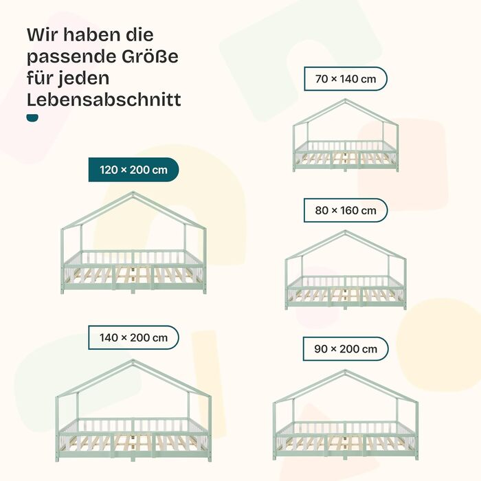 Дитяче ліжко Treviolo Hausbett від en.casa: дерев'яне ліжко Montessori з захистом від падіння, 120x200 см, сосна, колір дерева (м'ятний/білий)