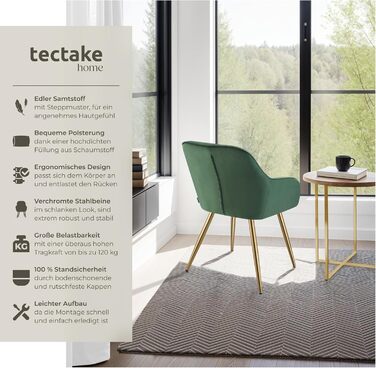 Крісло tectake® з оксамиту, сучасні кухонні стільці, крісло для вітальні, стілець для туалетного столика - (набір 1 шт, темно-зелений/золотий)
