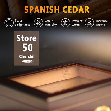 Вологостійкий вологомір для сигар, дерев'яний ящик для сигар з іспанської кедру, вологомір, роздільники, аксесуар для сигар, подарунок для чоловіків (30-50 сигар), чорний