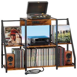 Підставка для програвача вінтаж велика з розеткою та LED-підсвіткою, тримач для платів, полиця для вінілу на 300 альбомів, для вітальні, спальні