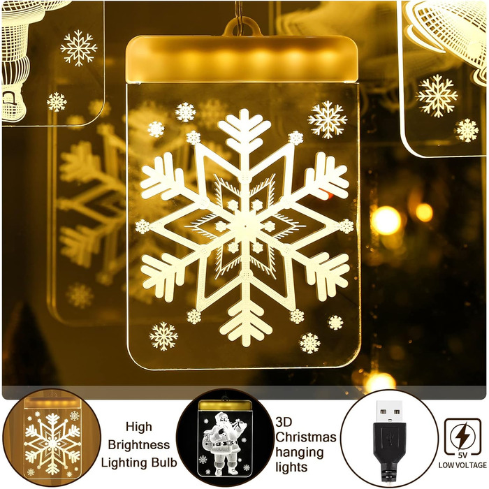 Льоново-новорічна гірлянда-завіса Bloomwin з 120 LED, тепле біле світло, 8 режимів, USB, для декору вікон та інтер'єру (акрил, квадратні)