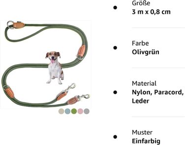 Безшумний зелений повідець для маленьких собак легкий / повідець 3 м регульований з 2 карабінами / Довжина 3 метри х 0,8 см / всього 200 г / модель Девон / Оливково-зелений оливково-зелений 3 м х 0,8 см