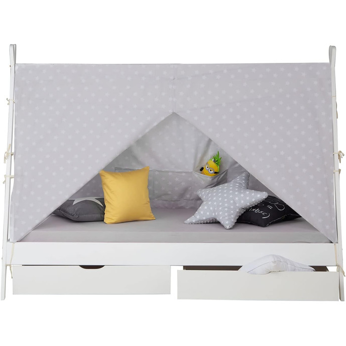 Дитяче ліжко Homestyle4u Tipi 90x200 см з ящиками, біле, з наметом, зірки, з дерева (сосна)