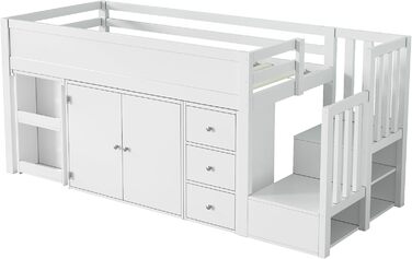 Ліжко дитяче 90x200, дерев'яне з шухлядами, полицями та бічною панелью, захистом від падіння, ламелями та місцем для зберігання, підліткове, функціональне, без матраца, біле