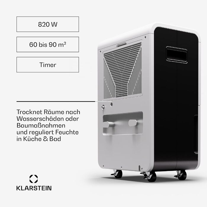 Електричний осушувач повітря Klarstein DryFy Connect 60L з Wi-Fi, 60л/24г, таймер, для приміщень 45-65м²