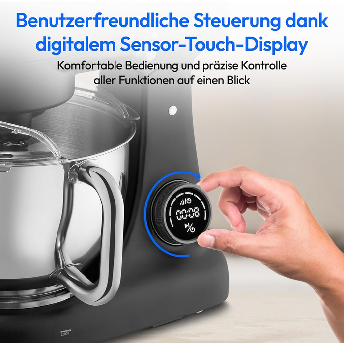 Кухонна машина MEDION MD12600: м'ясоподрібнювач, 4.6л чаша з нержавіючої сталі, тихий DC-двигун, 800 Вт, набір дисків для тертя, шинкування та нарізання, сенсорний дисплей, міксер, тістоміс